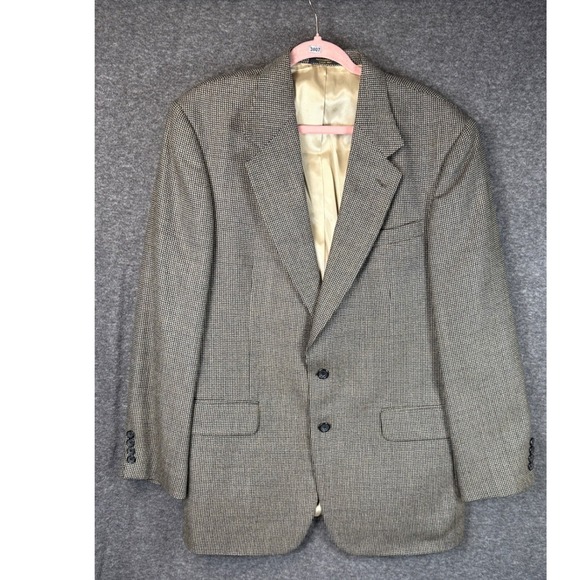Oscar De La Renta Menswear Wool Blazer Jacket 42L Brown Tan Houndstooth Business